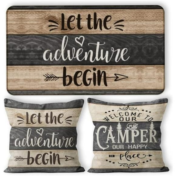 Camper Decor Set Door Mat 30x17 with 2 Pillow Covers 18x18 RV Adventure Begin - Picture 8 of 8